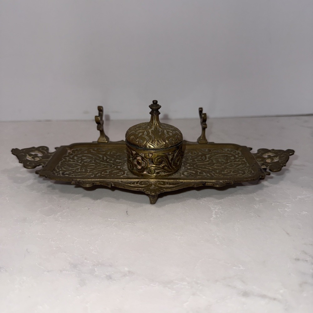 Vintage Brass Ornate Inkwell Set w/ Hinged Lids, Decorative Tray